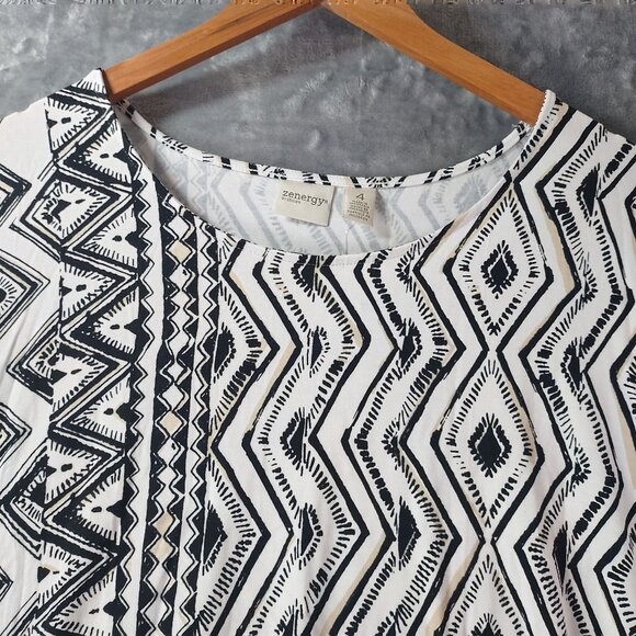 Womens XXL Zenergy Tribal Tunic Top Black White Asymmetrical Hem‎ Stretch - Picture 4 of 10